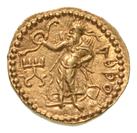 Kushanas, Kanishka I, c. 127-152 AD, AV quarter dinar, 2.02 g. Athsho
