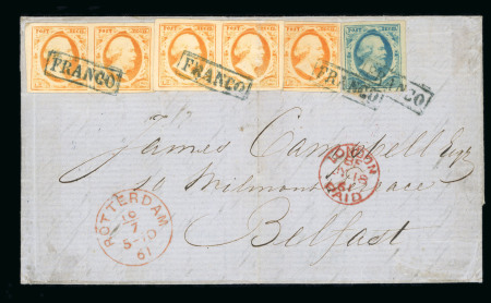 Stamp of Netherlands 1852 15c Orange strip of three + pair + 5c paying 80c double rate, all good to large margins, on 1861 cover from Rotterdam to Belfast