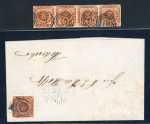 Stamp of Denmark 1863 4s rouletted strip of four cancelled by numeral 19