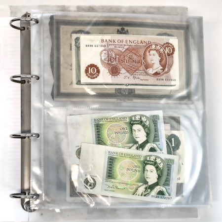 1849-1970s, Collection of banknotes and coins in two albums.