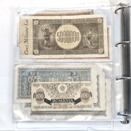 1849-1970s, Collection of banknotes and coins in two albums.