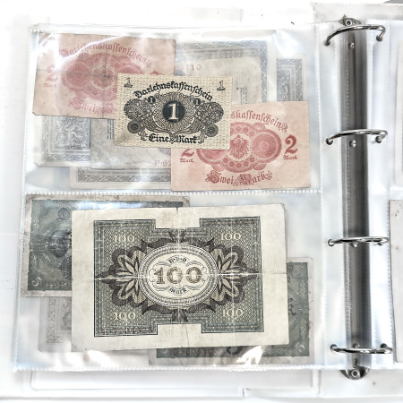 1849-1970s, Collection of banknotes and coins in two albums.