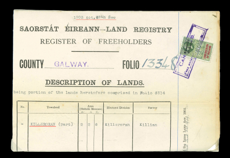 Stamp of Ireland » Revenues & Fiscals » Embossed Stamp Duty 1922-1934 Old-time attractive collection of 43 documents neatly mounted on pages and housed in Green Plymouth album, showing mostly documents with Saorstát Éireann or Rialtat Seadalac Na hÉireann ovpts on George V issues