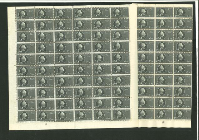 Stamp of Ireland » 1950-Date Commemoratives 1958 Constitution 3d brown part sheet of 30, plus 5d complete sheet of 120 with gutter, 1959 Arthur Guinness 3d half sheet of 60 with pl. 1A, 1962 O'Donovan & O'Curry complete sheet of 120 with gutter, 1963 Freedom from