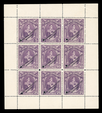 Stamp of Venezuela 1914 Simon Bolivar issue, two sheetlets of 9 with values from 5c to 20b with "WATERLOW & SONS LTD. / SPECIMEN" overprints