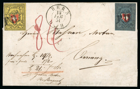 Stamp of Switzerland / Schweiz » Rayonmarken » Rayon I, dunkelblau ohne Kreuzeinfassung 1851, Rayon I dunkelblau ohne Kreuzeinfassung, zusammen mit Rayon II auf Brief