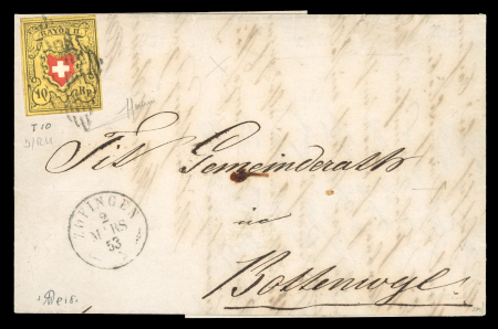 Stamp of Switzerland / Schweiz » Rayonmarken » Rayon II, gelb, ohne Kreuzeinfassung (STEIN D) 1853, Rayon II, Type 10 des Steins D-RU, auf Brief