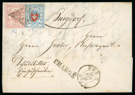 Stamp of Switzerland / Schweiz » Rayonmarken » Rayon III (grosse Ziffer) 1853, Rayon III grosse Wertziffern, zusammen mit Rayon I hellblau auf Brief