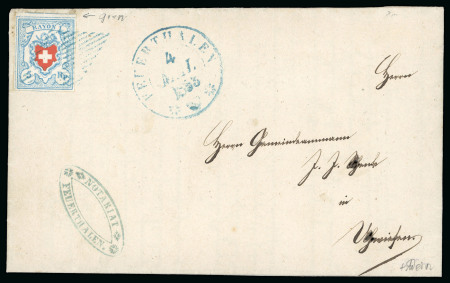 Stamp of Switzerland / Schweiz » Rayonmarken » Rayon I, hellblau, ohne KE (STEIN C1) 1853, Rayon I hellblau, Type 1 des Stein C1-RU, auf Faltbrief