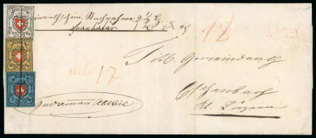 Stamp of Switzerland / Schweiz » Orts-Post und Poste Locale 1851, Orts-Post mit Kreuzeinfassung, auf  Dreifarben-Mischfrankatur