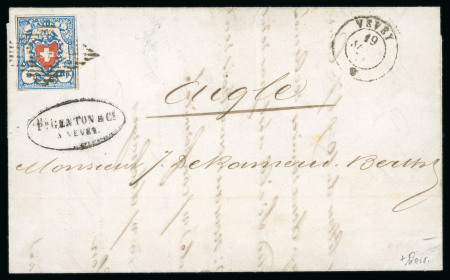 Stamp of Switzerland / Schweiz » Rayonmarken » Rayon I, hellblau, ohne KE (STEIN A3) 1851, Rayon I hellblau, Type 30 des Steins A3-O, auf Faltbrief