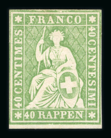 Stamp of Switzerland / Schweiz » Sitzende Helvetia Ungezähnt » 1857-62 Berner Druck, Dickes Papier 1860, 40 Rp. grün, 4. Berner Druckperiode