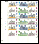 Stamp of Great Britain » Queen Elizabeth II 1969 Cathedrals 5d lower left corner marginal cylinder block of 18, with the first column showing the missing "d" variety