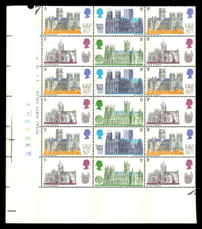 Stamp of Great Britain » Queen Elizabeth II 1969 Cathedrals 5d lower left corner marginal cylinder block of 18, with the first column showing the missing "d" variety