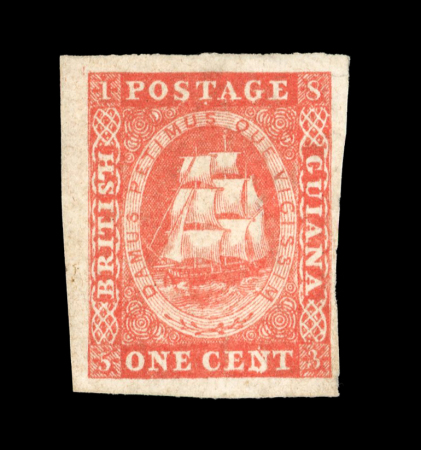 Stamp of British Guiana 1853 1c vermilion (original printing) unused with fine to very large margins