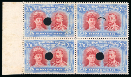 Stamp of Rhodesia 1910-13 Printer's File Stamps 7s6d carmine and blue (printing 12) in left hand marginal block of four with security punch holes