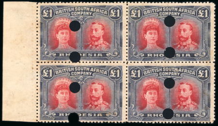 Stamp of Rhodesia 1910-13 Printer's File Stamps £1 rose-scarlet and bluish black (printing 6) in left hand block of four with security punch holes