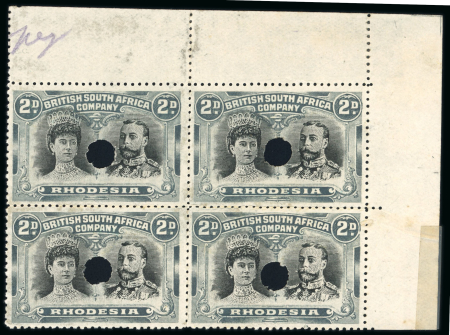 Stamp of Rhodesia 1910-13 Printer's File Stamps 2d from printing 12 in upper right corner marginal block of four with four security punch holes