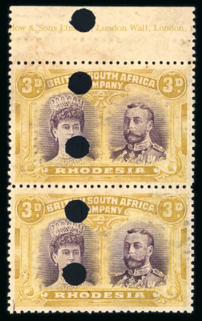 Stamp of Rhodesia 1910-13 Printer's File Stamps 3d violet and ochre (printing 8) in upper marginal vertical pair with imprint