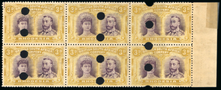 Stamp of Rhodesia 1910-13 Printer's File Stamps 3d violet and ochre (printing 8) in right hand marginal block of six with twelve security punch holes