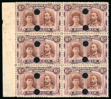 Stamp of Rhodesia 1910-13 Printer's File Stamps 6d brown and purple (printing 2) in left hand marginal block of six with  security punch holes