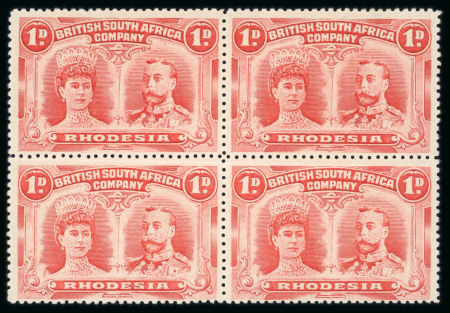 Stamp of Rhodesia 1910-13 1d pale rosine perforation 14 in fine mint block of four