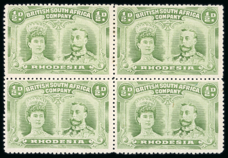 Stamp of Rhodesia 1910-13 1/2d apple-green perforation 14 pl. II in mint block of four