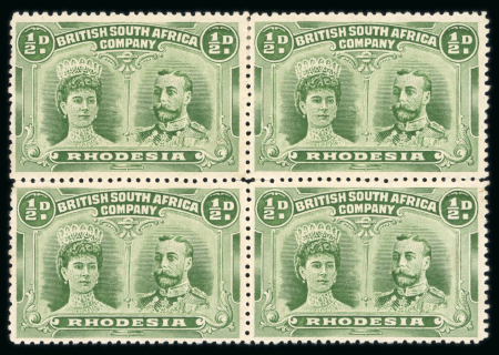 Stamp of Rhodesia 1910-13 1/2d yellow-green perforation 13 1/2 pl. I in mint block of four