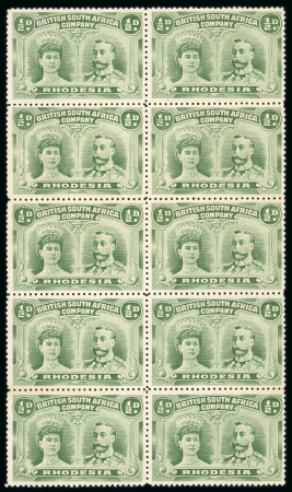 Stamp of Rhodesia 1910-13 1/2d bluish green perforation 14 pl. 1 in fine mint block of ten 
