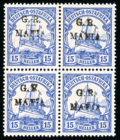 Stamp of Tanganyika » Mafia Island British Occupation 1915 overprinted 15h (type M1 in black) in block of four mint n.h.
