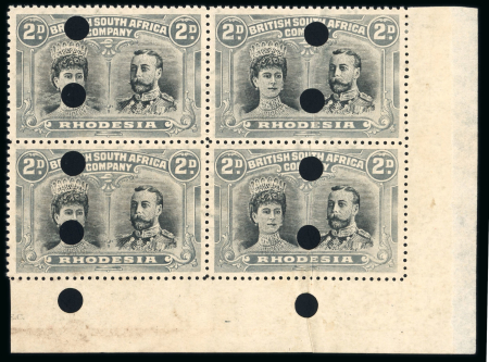 Stamp of Rhodesia 1910-13 Printer's File Stamps 2d black and grey in corner marginal block of four with ten security punch holes