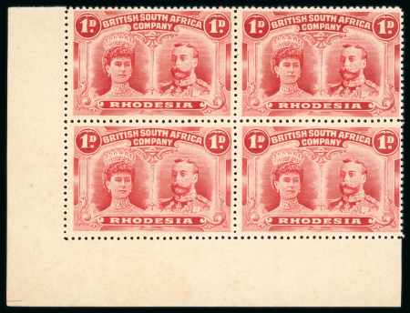 Stamp of Rhodesia 1910-13 1d rose-red perforation 14 in lower left corner marginal block of four mint n.h.