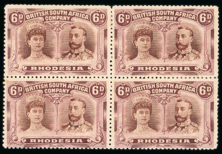 Stamp of Rhodesia 1910-13 6d brown and purple perforation 14 "thick ear headplate" in fine mint block of four