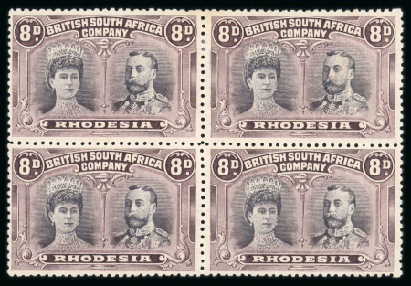 Stamp of Rhodesia 1910-13 8d black and purple perforation 13 1/2 "long gash headplate" in block of four mint
