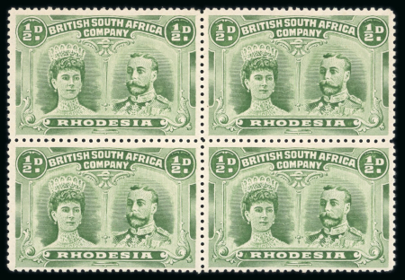 Stamp of Rhodesia 1910-13 1/2d yellow-green perforation 14 in fine mint block of four
