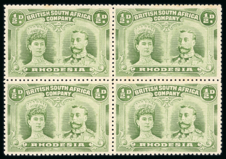 Stamp of Rhodesia 1910-13 1/2d apple-green perforation 14 pl. II in fine mint block of four