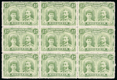 Stamp of Rhodesia 1910-13 1/2d pale green perforation 14 pl. II in mint block of nine