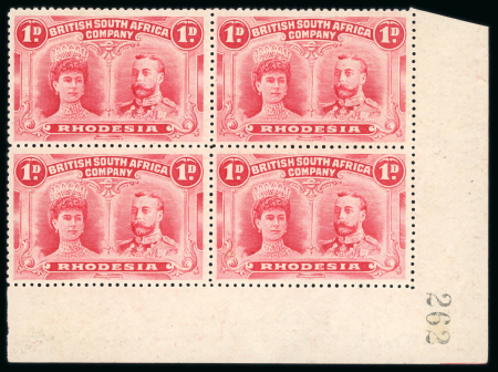 Stamp of Rhodesia 1910-13 1d bright carmine perforation 14 in lower right corner marginal block of 4 