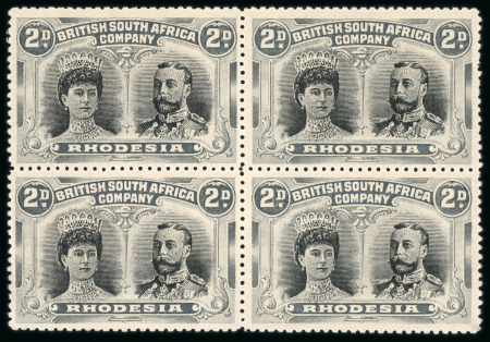 Stamp of Rhodesia 1910-13 2d black and grey-black perforation 14 "thick ear" printing in mint block of four