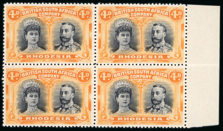 Stamp of Rhodesia 1910-13 4d black and orange perforation "long gash" printing in fine marginal block of four mint n.h.