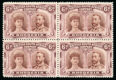 Stamp of Rhodesia 1910-13 6d brown and purple perforation 14 "thick ear" printing in fine mint block of four 