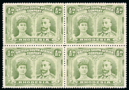 Stamp of Rhodesia 1910-13 1/2d apple-green perforation 15 pl. II in mint block of 4