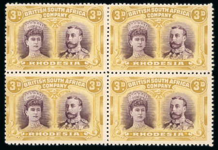 Stamp of Rhodesia 1910-13 3d purple and ochre perforation 14 in mint block of four 