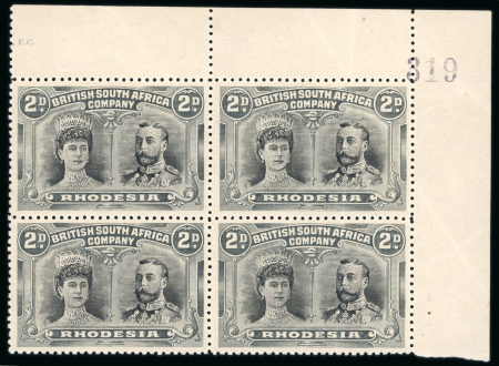 Stamp of Rhodesia 1910-13 2d black and grey perforation 14 in upper right corner marginal block of 4 mint n.h.