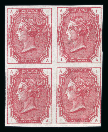 Stamp of Great Britain » 1855-1900 Surface Printed » 1879-80 Tender Essays 1879 McCorquodale 1d. claret imperf. block of four dummy stamps