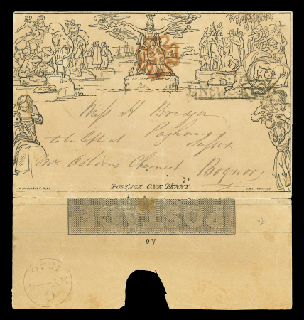 Stamp of Great Britain » 1840 Mulreadys & Caricatures GB 1840 (May 6) 1d Mulready lettersheet to Bognor cancelled by red Maltese Crosson first day of issue