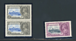 Stamp of British Honduras 1935 Silver Jubilee 25c slate and purple, mint single showing "flagstaff on right-hand turret" variety, plus 3c ultramarine and grey-black, mint pair one showing "extra flagstaff",  fine and scarce (SG 143a, 146e, £530)