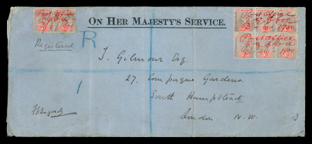 Stamp of Nigerias » Northern Nigeria 1900 (Jun 3) large OHMS envelope sent registered to England with 1900 1d in pair and two strips of three cancelled by manuscript "Post Office / Jebba / 3-6-1900" in red