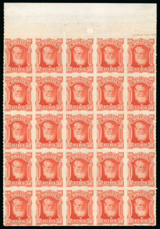 Stamp of Brazil » 1866-83 Dom Pedro » 1877-78 Roulette "White Beard" Issue Brazil 1877-78 rouletted 10r orange-red top marginal block of 25 mint o.g.