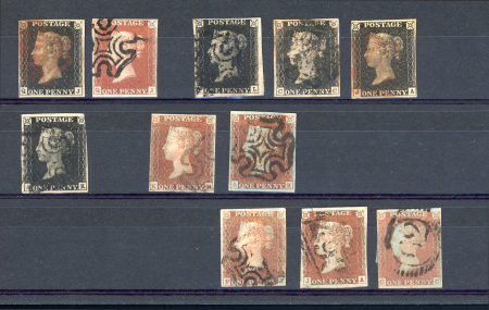 Stamp of Great Britain » 1840 1d Black and 1d Red plates 1a to 11 1840-41 small range on card with a group of four 1d blacks with four margins